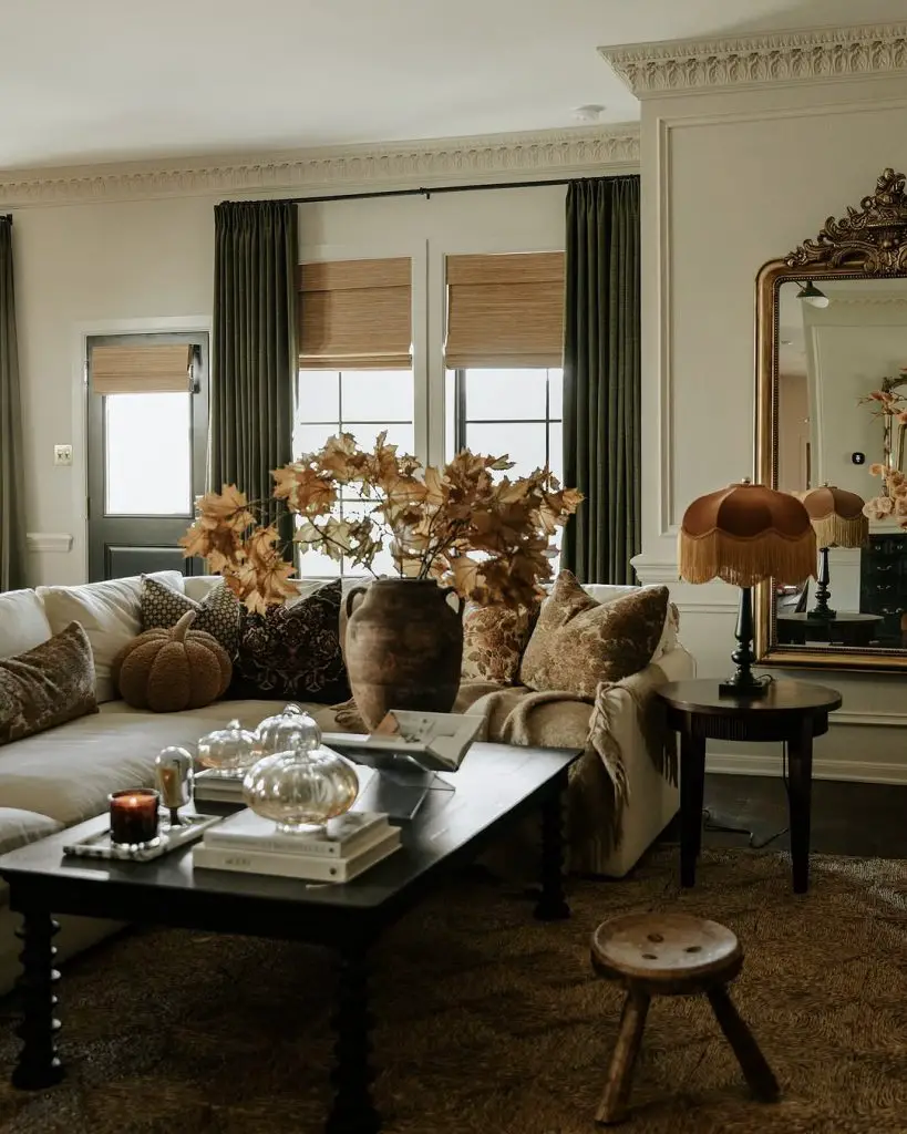 Cozy living room with layered green curtains