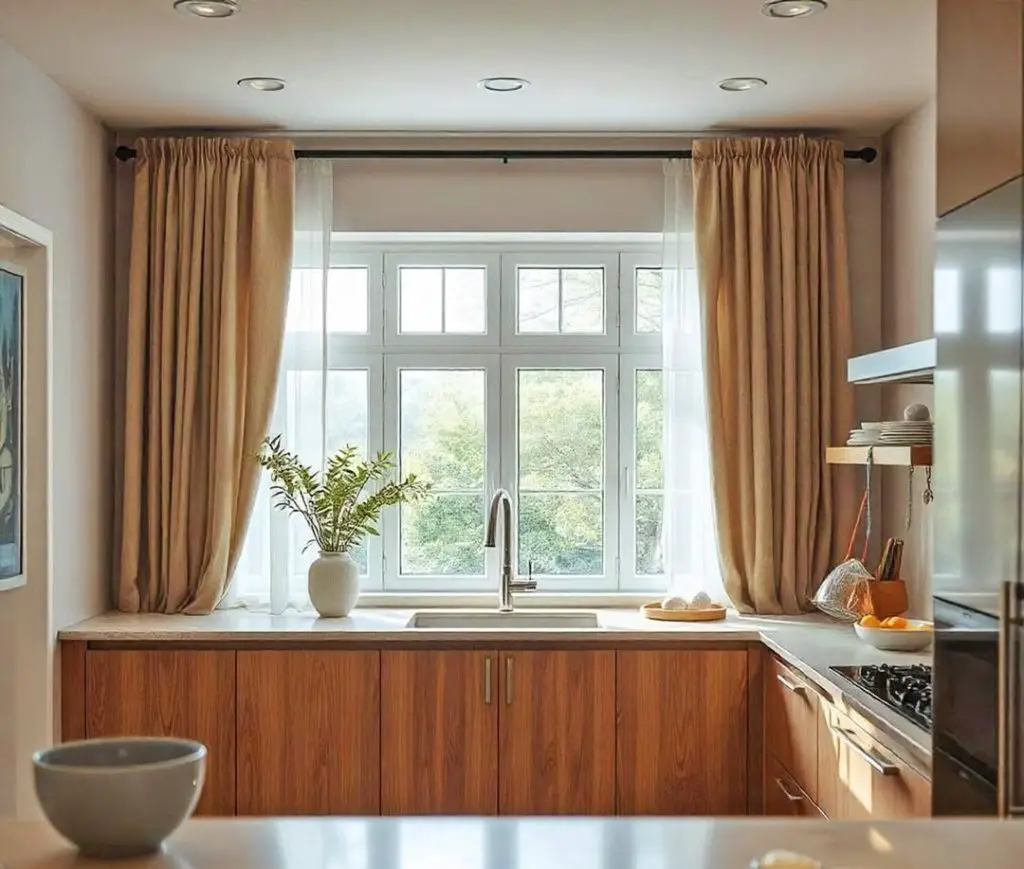 Warm walnut kitchen with flowing beige curtains