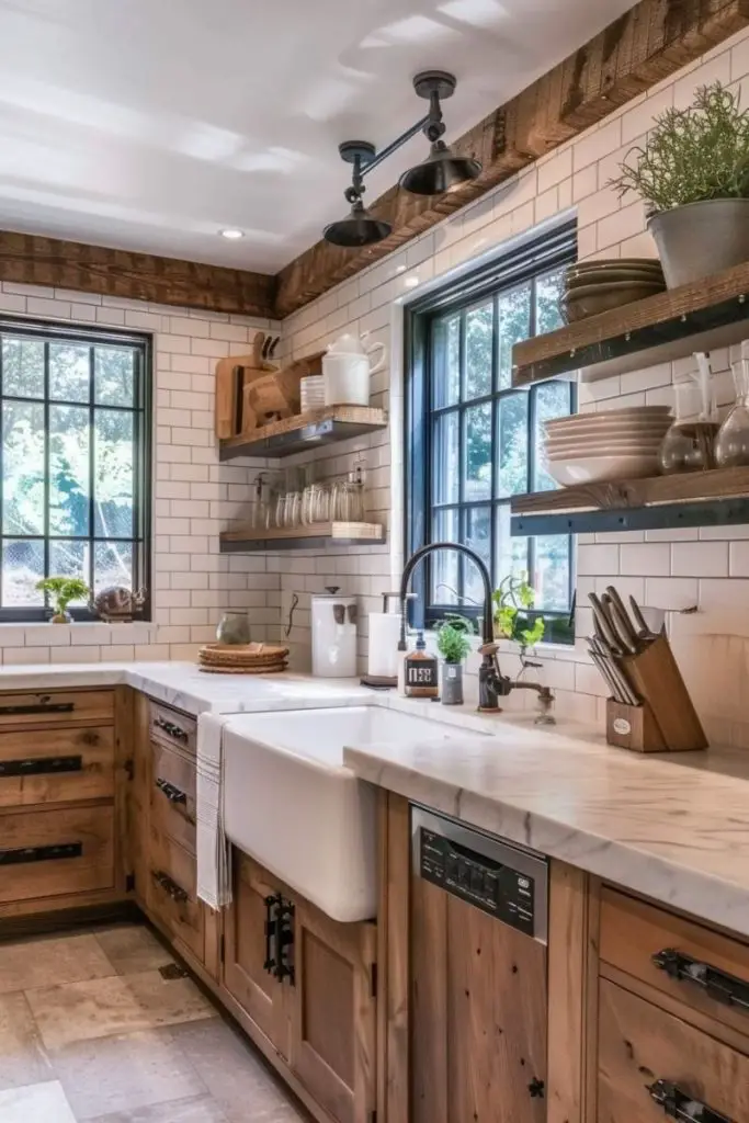 Farmhouse kitchen with natural wood cabinets, marble countertop, and open shelving.