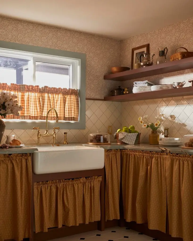 Charming rustic kitchen with farmhouse sink and golden accents.
