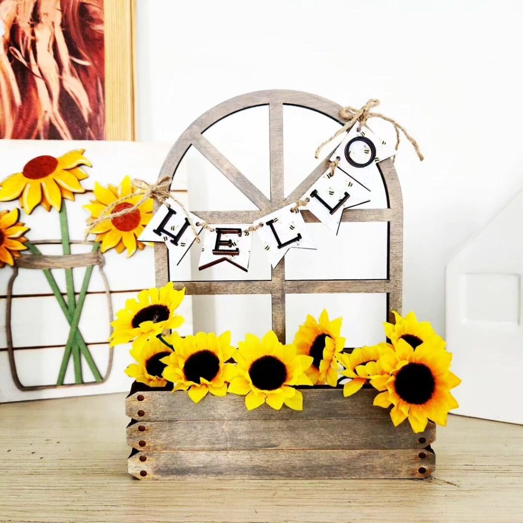 Wooden window frame decor with sunflowers and a 'HELLO'