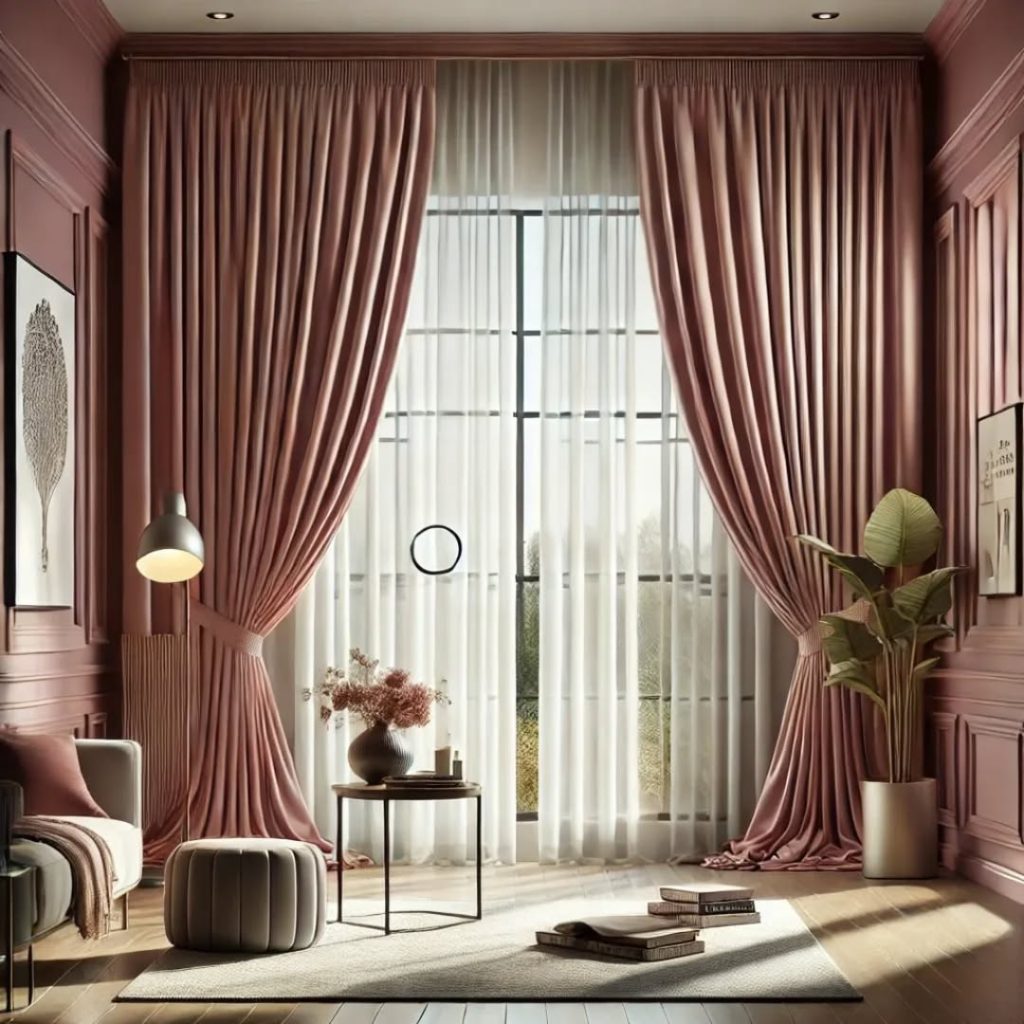 Chic living room with blush curtains, modern decor, and a cozy seating area.