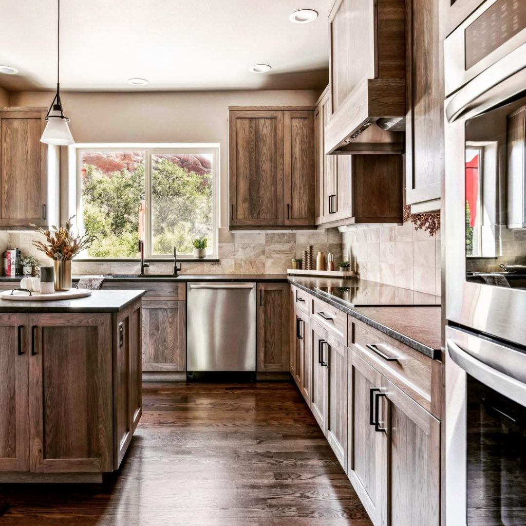 Contemporary kitchen with natural wood cabinets, dark countertop, and large window
