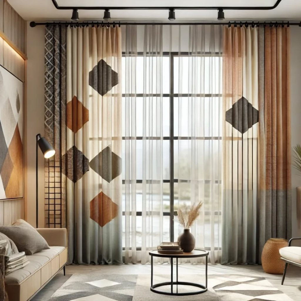 Modern living room with geometric patterned curtains and minimalist furniture