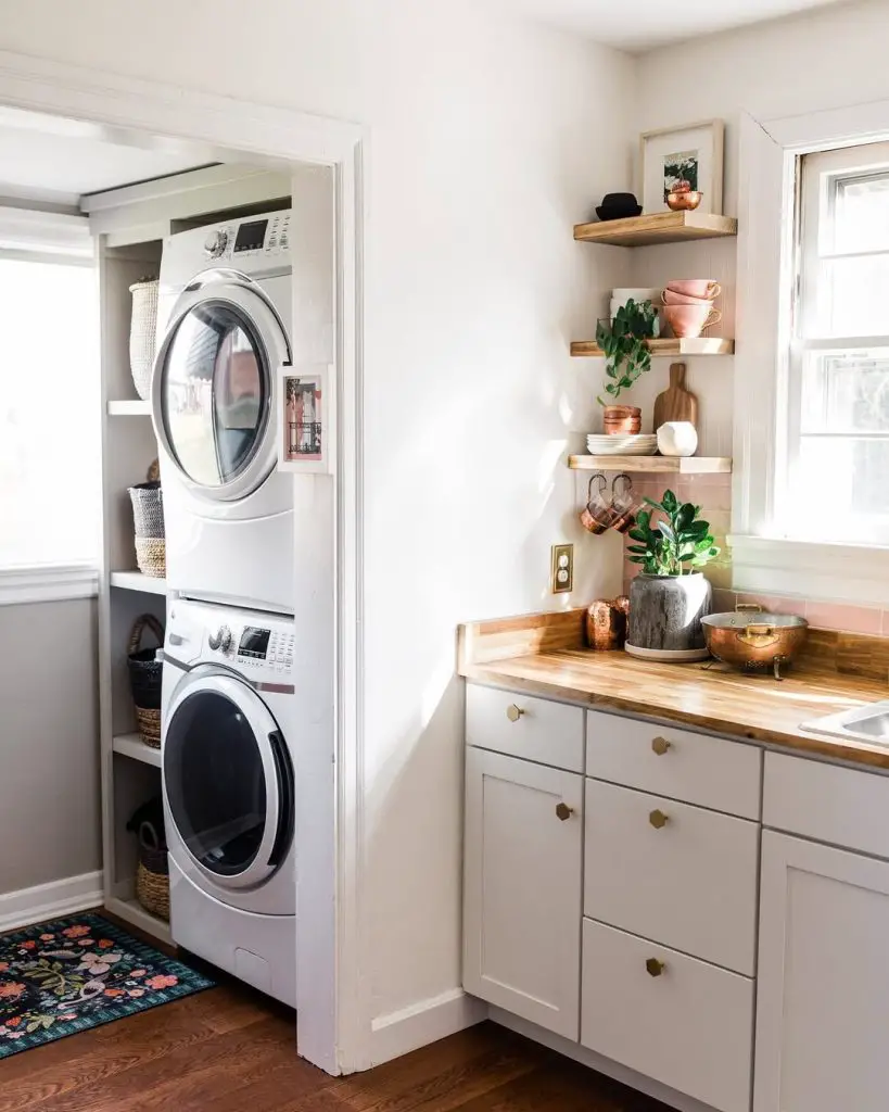 Space saving laundry nook with rustic shelving
