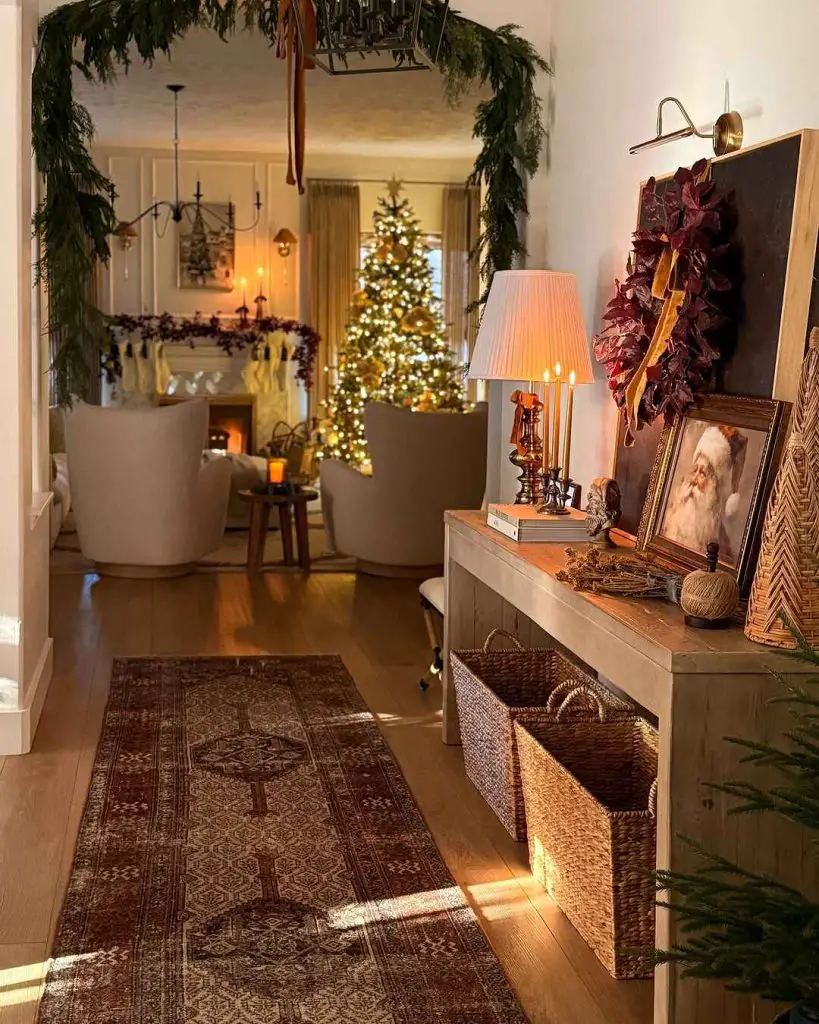Cozy hallway leading to a living room decorated for Christmas with a tree.