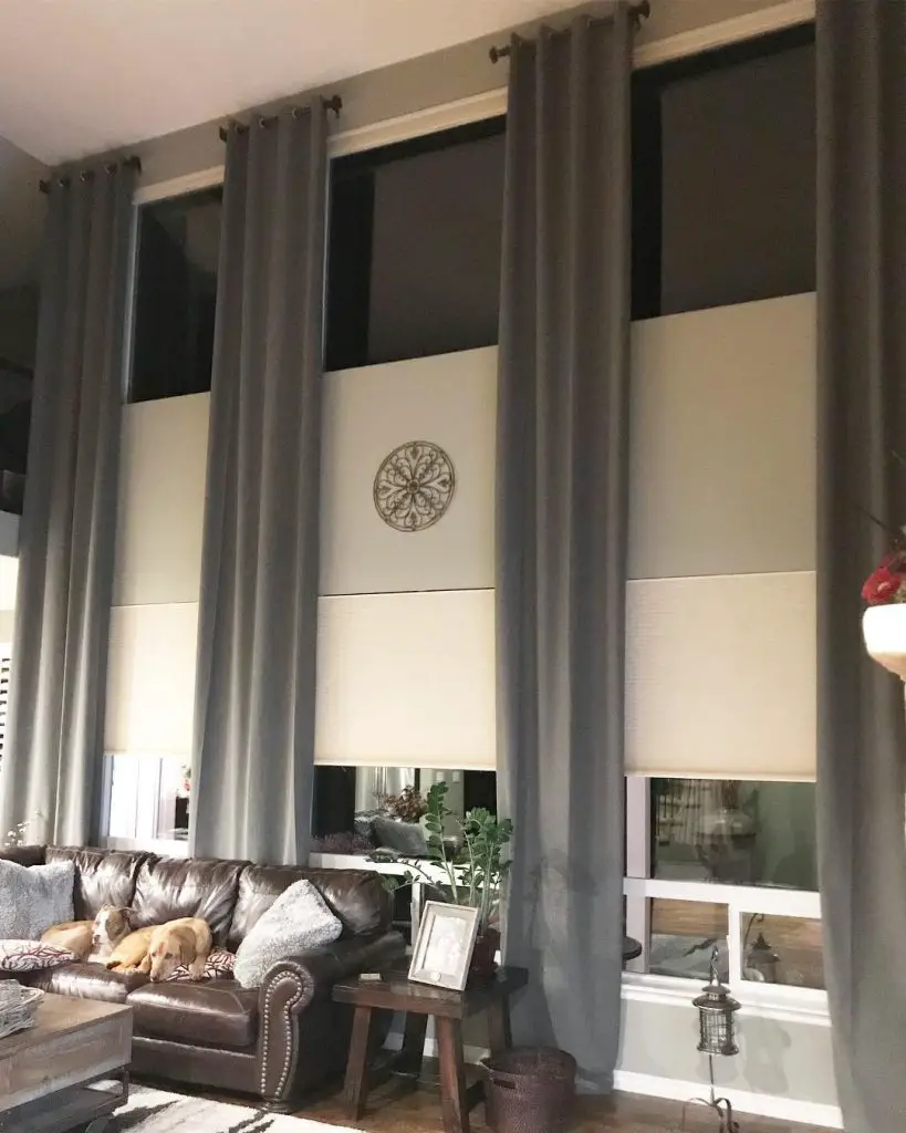 Living room with tall gray curtains, white shades, leather sofa, and two sleeping dogs.