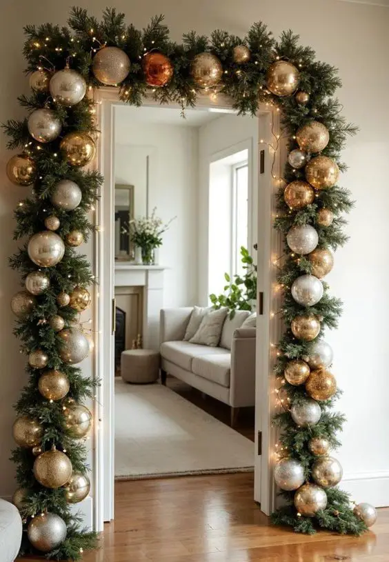 Festive doorframe garland with gold silver ornaments