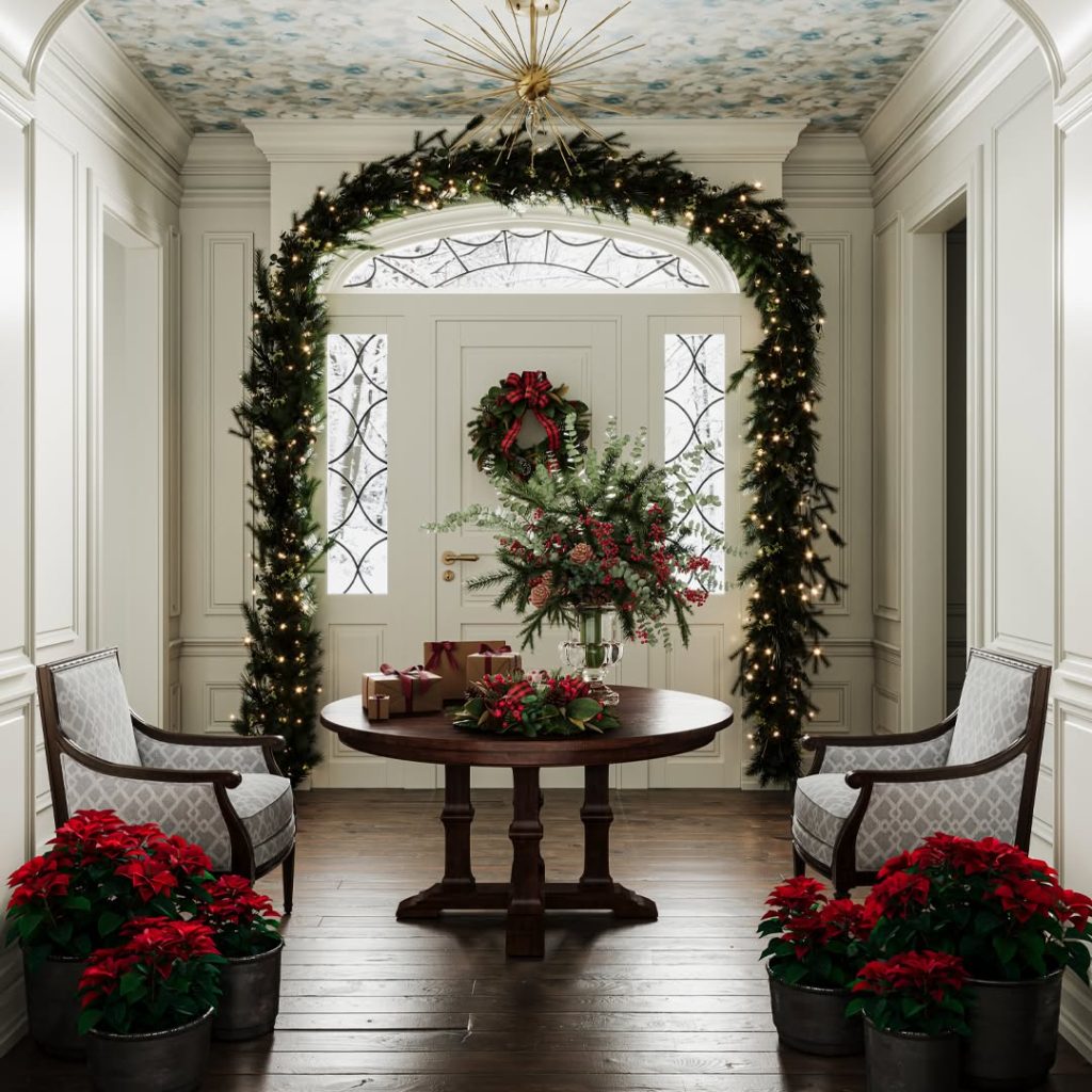 Elegant entryway decorated with garlands and poinsettias