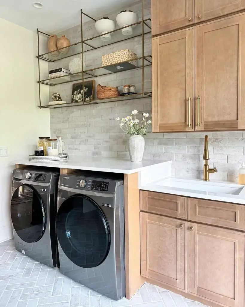 Natural wood laundry room with metal accents