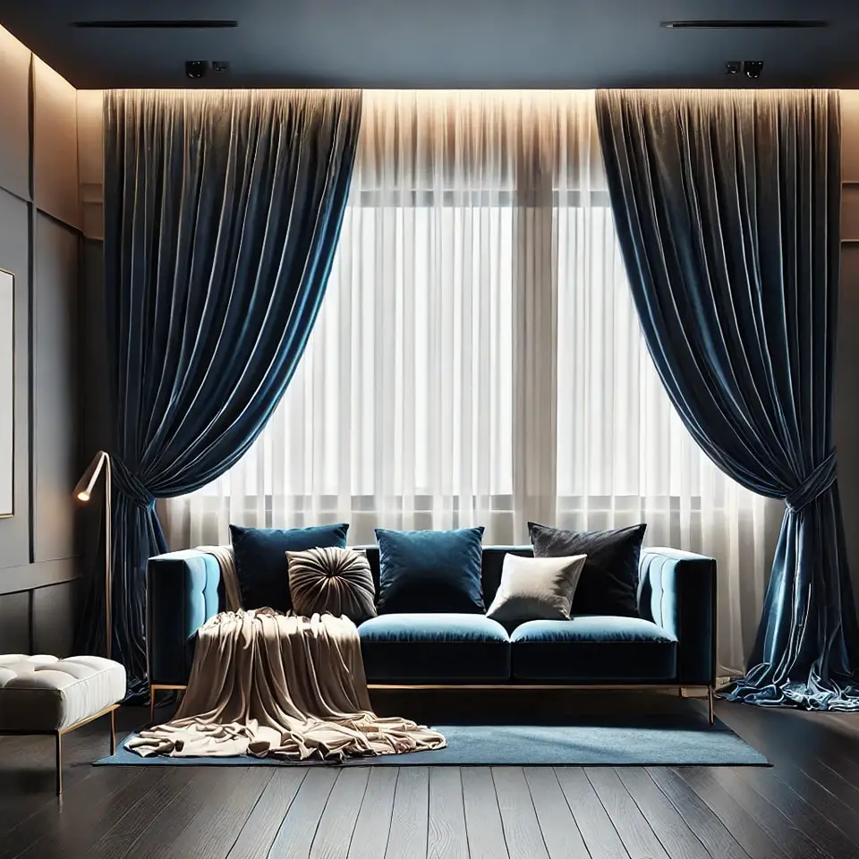 Elegant living room with blue velvet curtains and plush sofa.