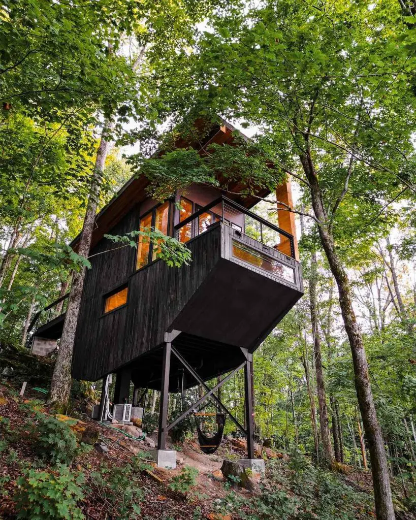 Elevated black cabin among trees with a spacious deck and hammock underneath