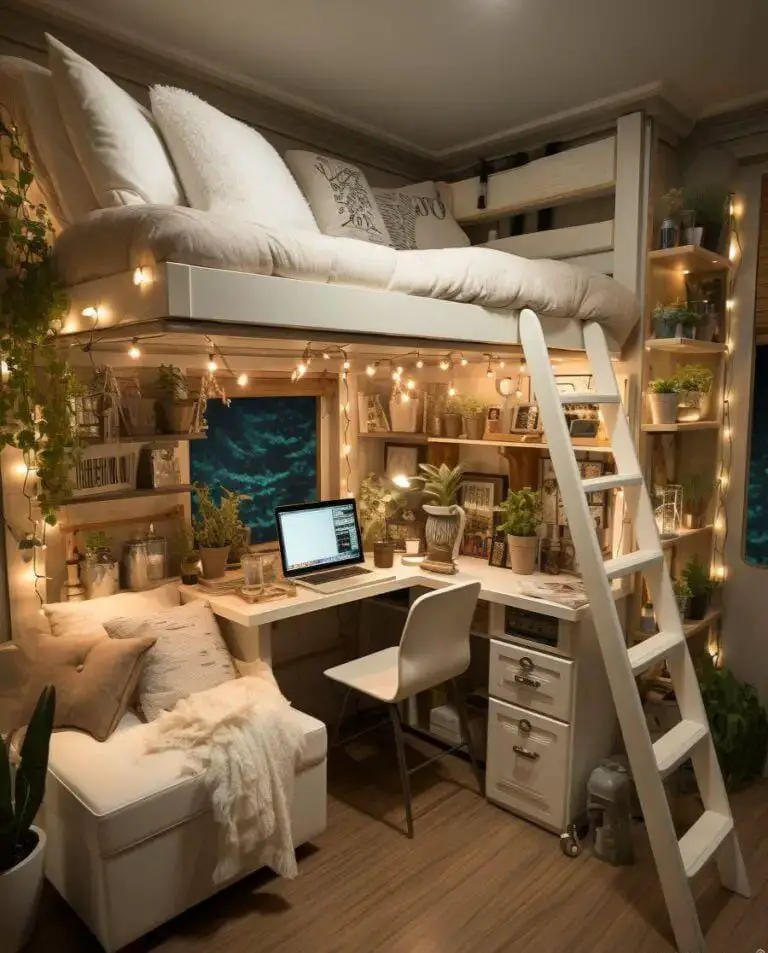 Cozy dorm room with loft bed string lights and plant-filled study area