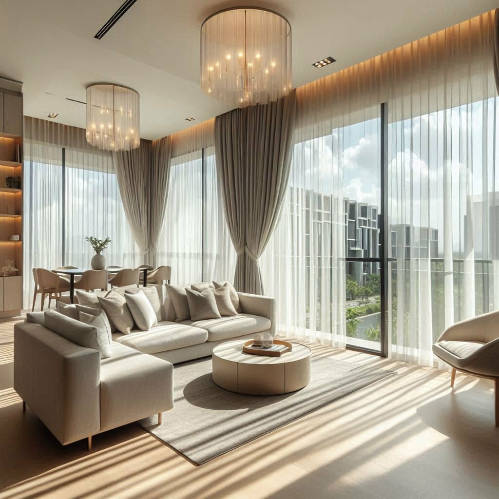 Luxurious living room with floor-to-ceiling curtains, circular chandeliers, cream sectional sofa, and expansive windows offering city views.