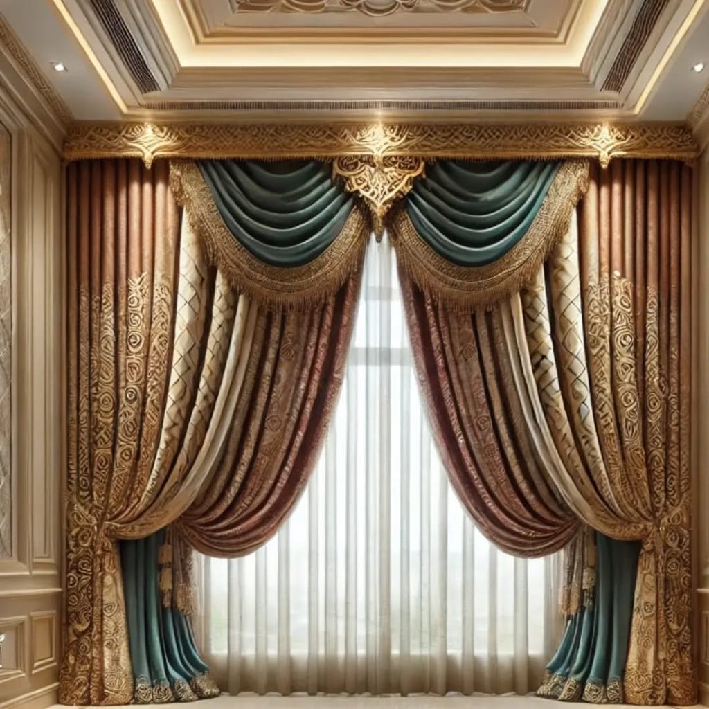 Opulent living room curtains in teal and earthy tones with intricate designs.
