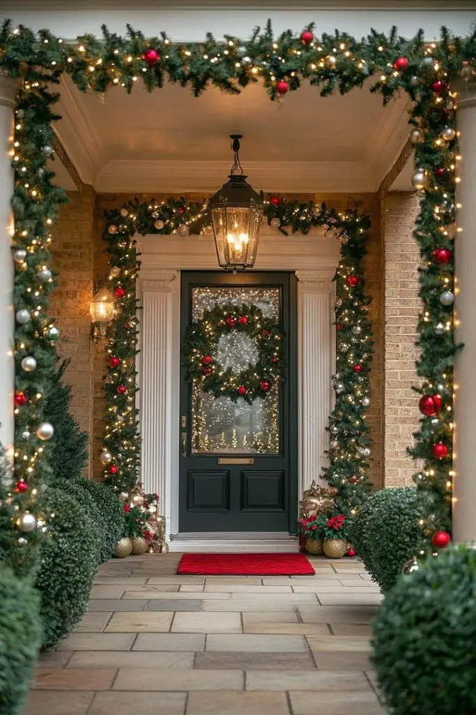 Festive front porch decorated for Christmas with greenery, wreath, and lights