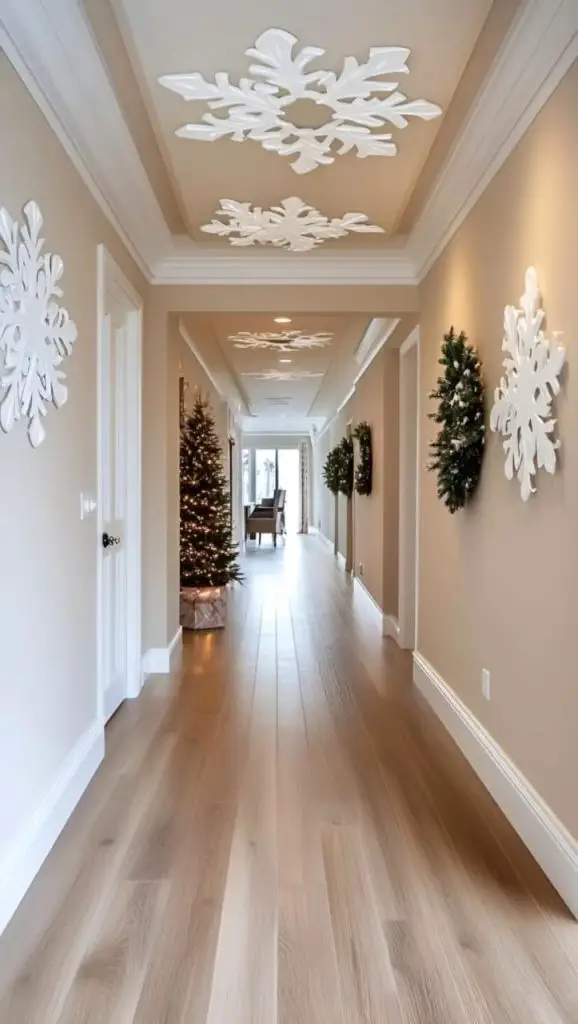 Minimalist hallway with ceiling snowflakes wreaths and lit Christmas tree