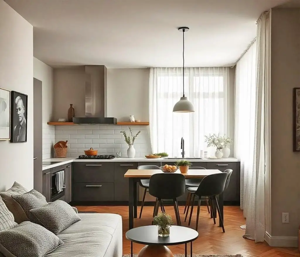 Open concept kitchen with floor-to-ceiling white curtains and gray cabinets
