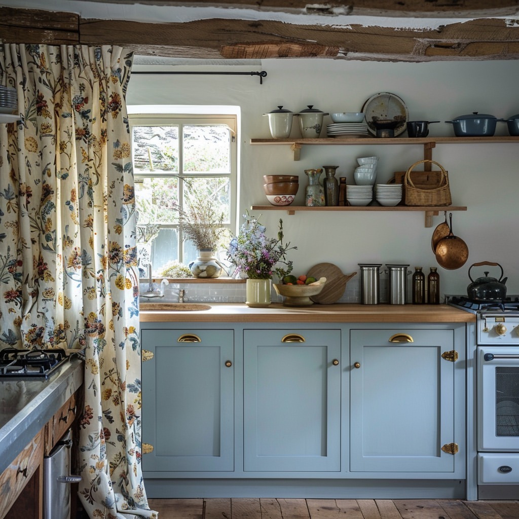 Rustic kitchen with floral curtains and blue cabinets