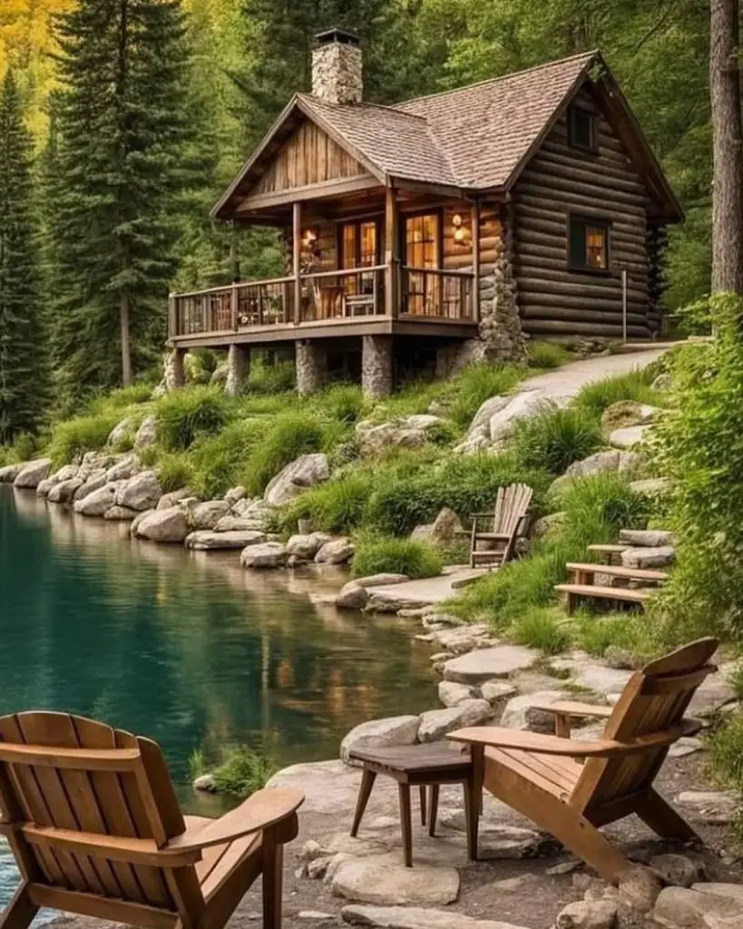 Cozy log cabin on lake with wooden chairs and stone lined shore