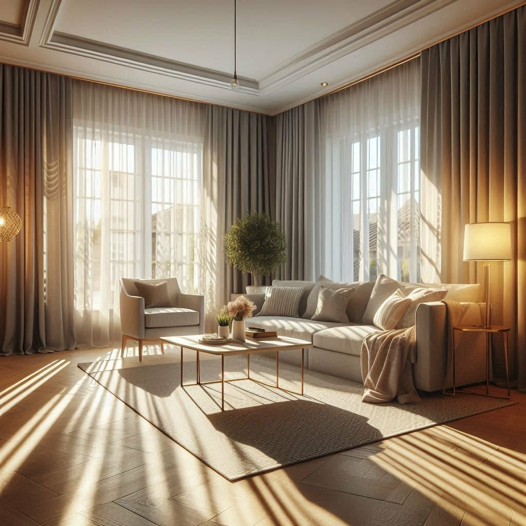 Sunlit living room with layered curtains, gray sofa, herringbone floors, and golden hour lighting streaming through windows.