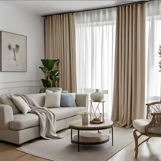 Serene living room with beige layered curtains, light-colored sofa, round coffee table, and neutral decor against white walls and hardwood floors.