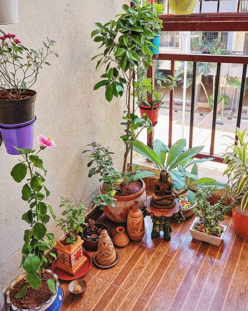 Indoor garden nook with various plants in colorful pots and decorative figures