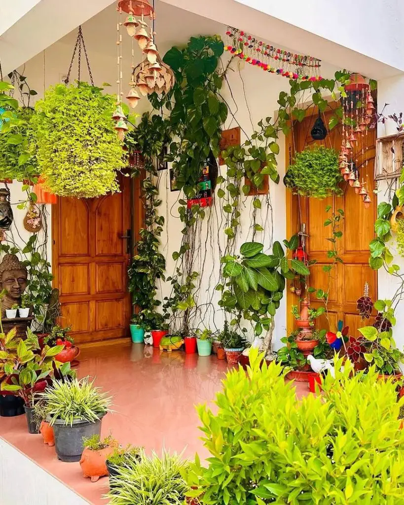 Vertical garden with hanging pots and various plants against a wall