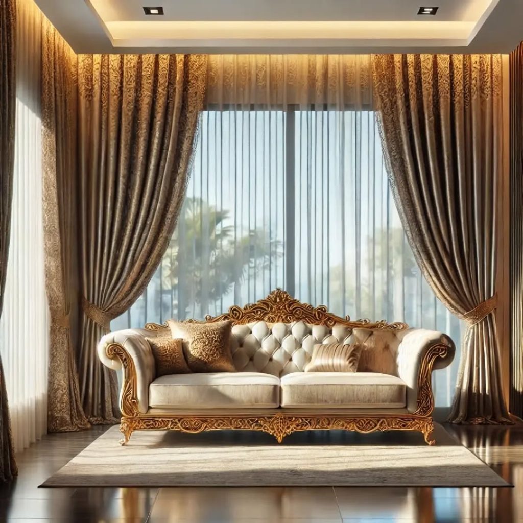 Luxurious living room with gold-accented curtains and a tufted cream sofa