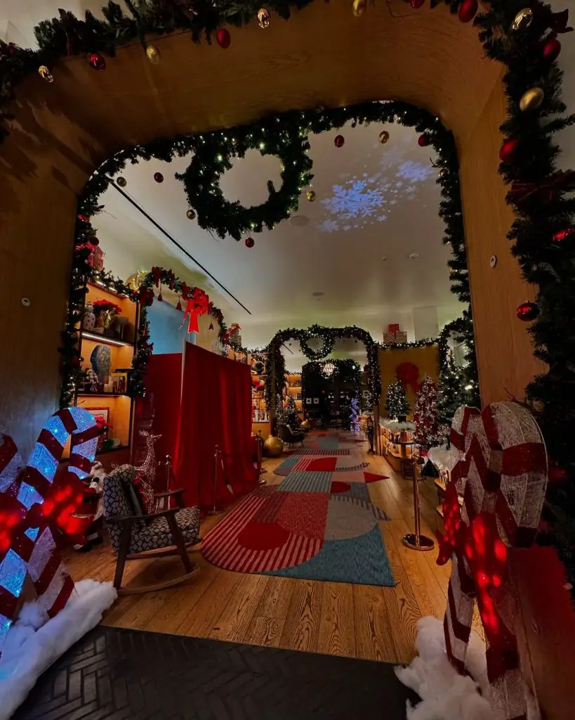 Festive hallway decorated with garlands and candy canes