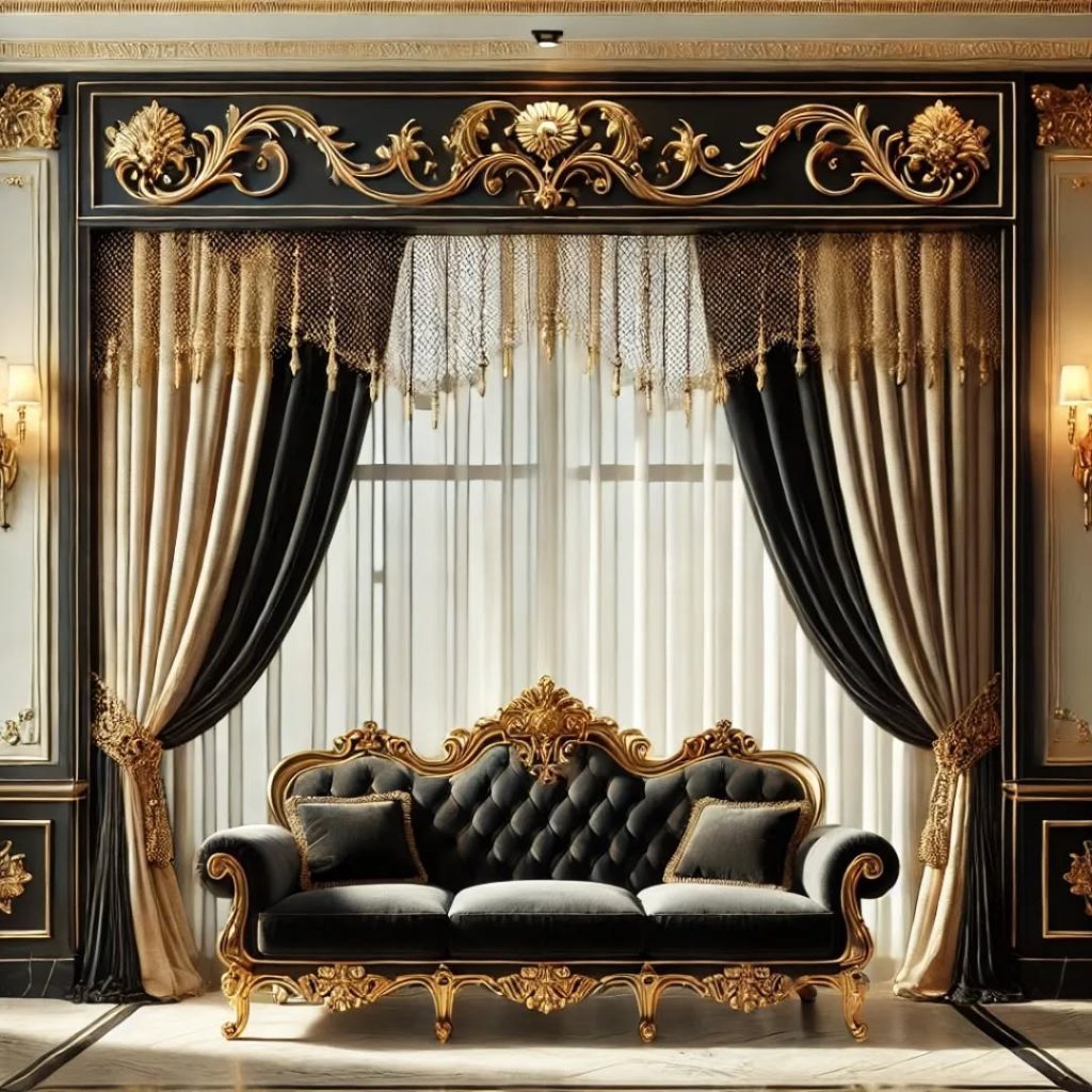 Luxurious living room with black and gold curtains and ornate tufted sofa