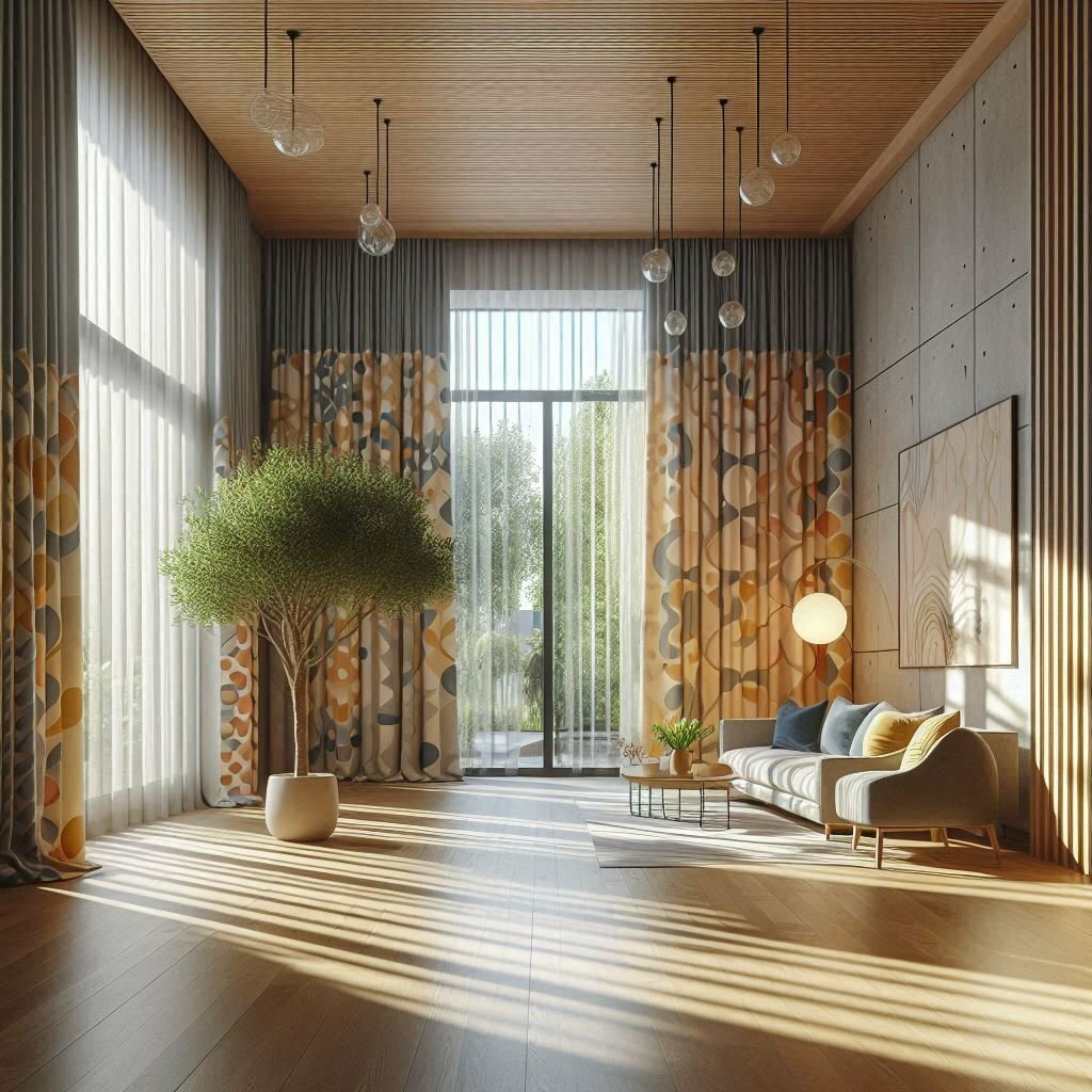 Modern living room with patterned curtains, wooden ceiling, indoor tree, and contemporary furniture bathed in natural light.