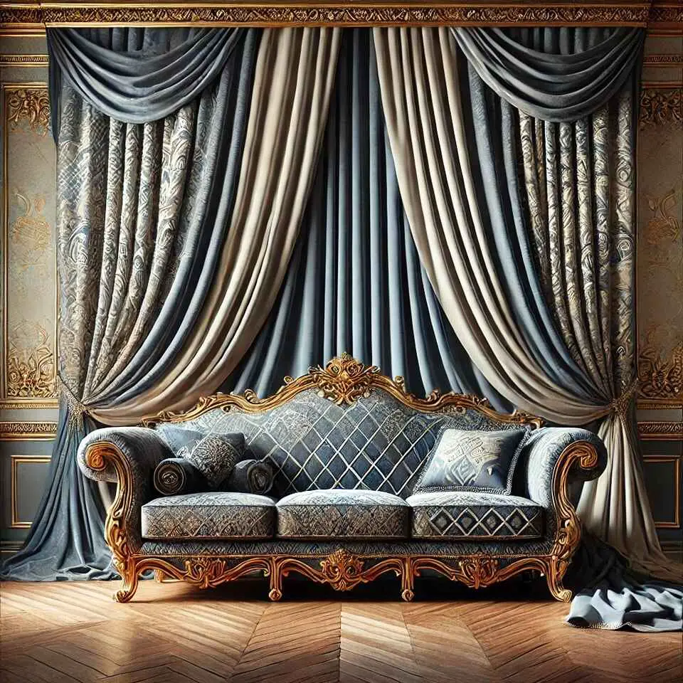 Luxurious curtains and ornate sofa in living room.