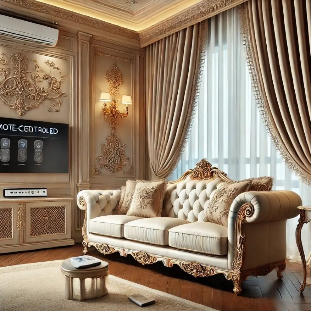Elegant living room with ornate taupe curtains and a luxurious tufted sofa