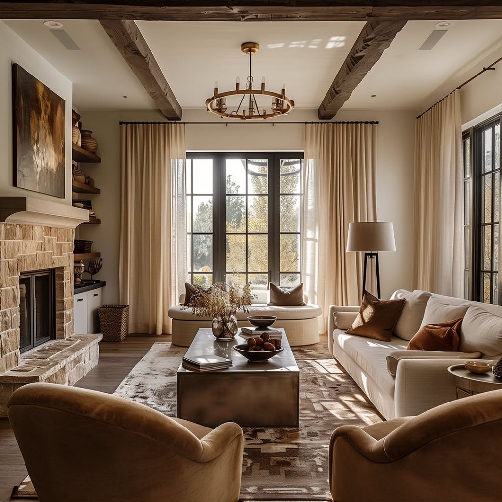 Cozy living room with cream curtains and rustic accents