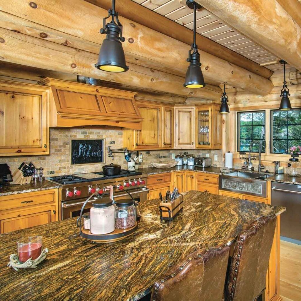 Rustic kitchen with pine cabinets and granite countertop