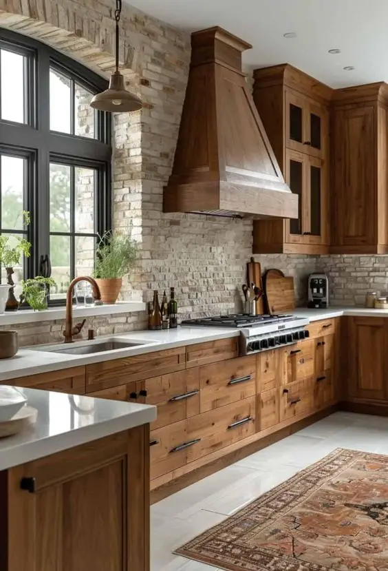 Rustic modern kitchen with wooden cabinets, stone wall, and white countertop