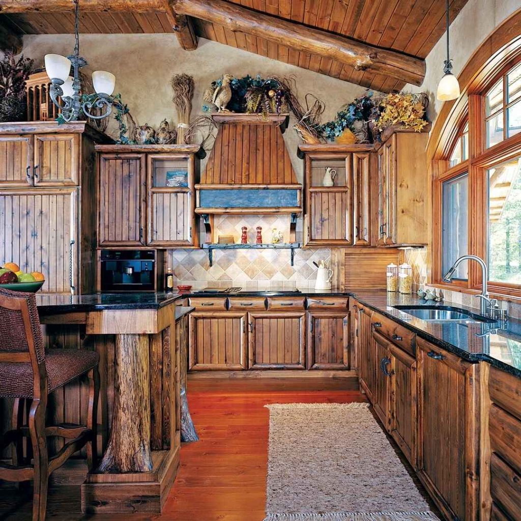 Rustic kitchen with wood cabinets and granite countertops