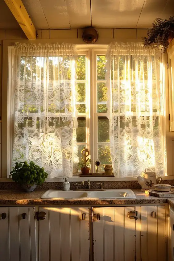 Sunlit kitchen with farmhouse sink and lace curtains