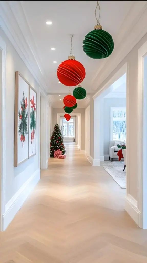 Modern hallway with hanging red and green ornaments and Christmas tree