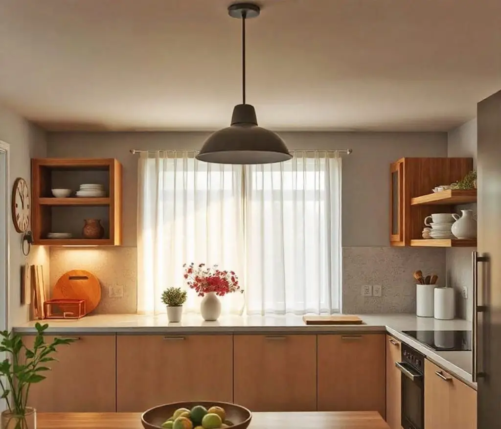 Light-filled modern kitchen with sheer white curtains and wooden cabinets