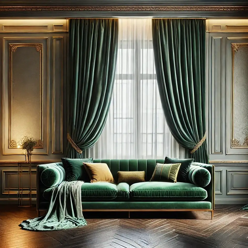Velvet curtains and elegant sofa in living room.