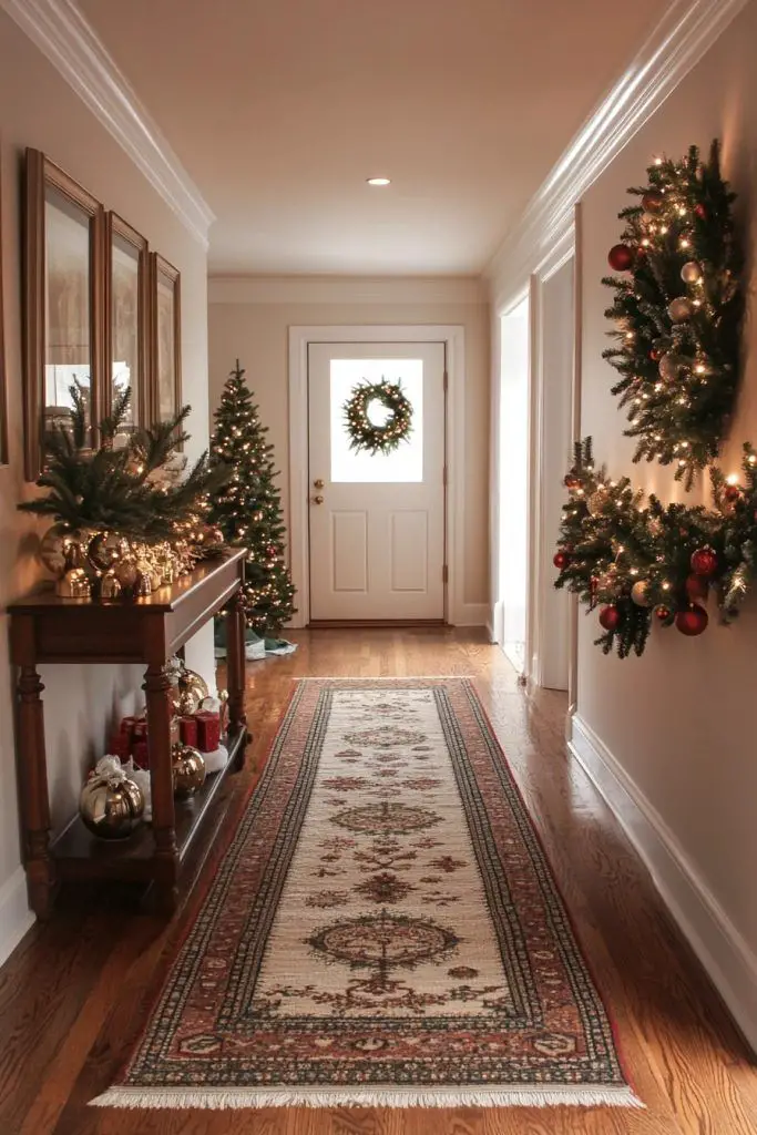 Elegant hallway decorated with mini Christmas trees wreath and oriental runner creates warm holiday welcome