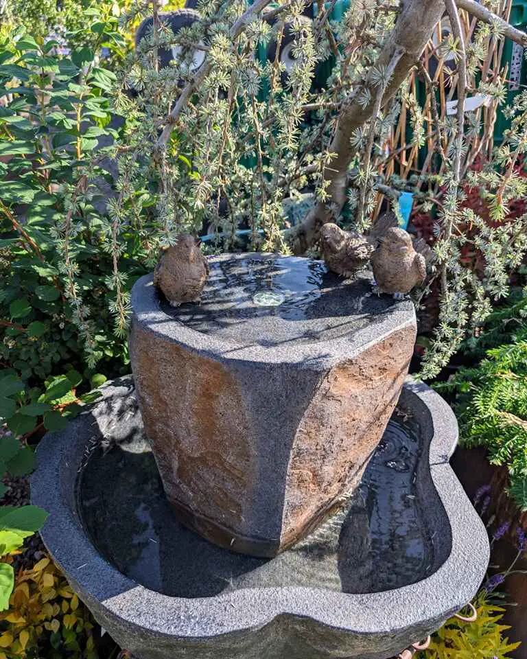Stone water fountain with bird decorations and surrounding greenery in a garden