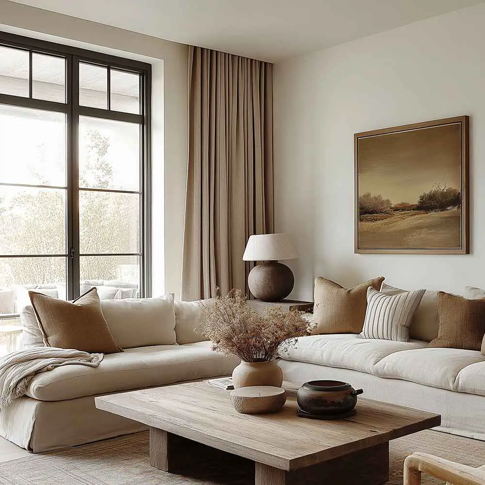 Neutral living room with tall beige curtains