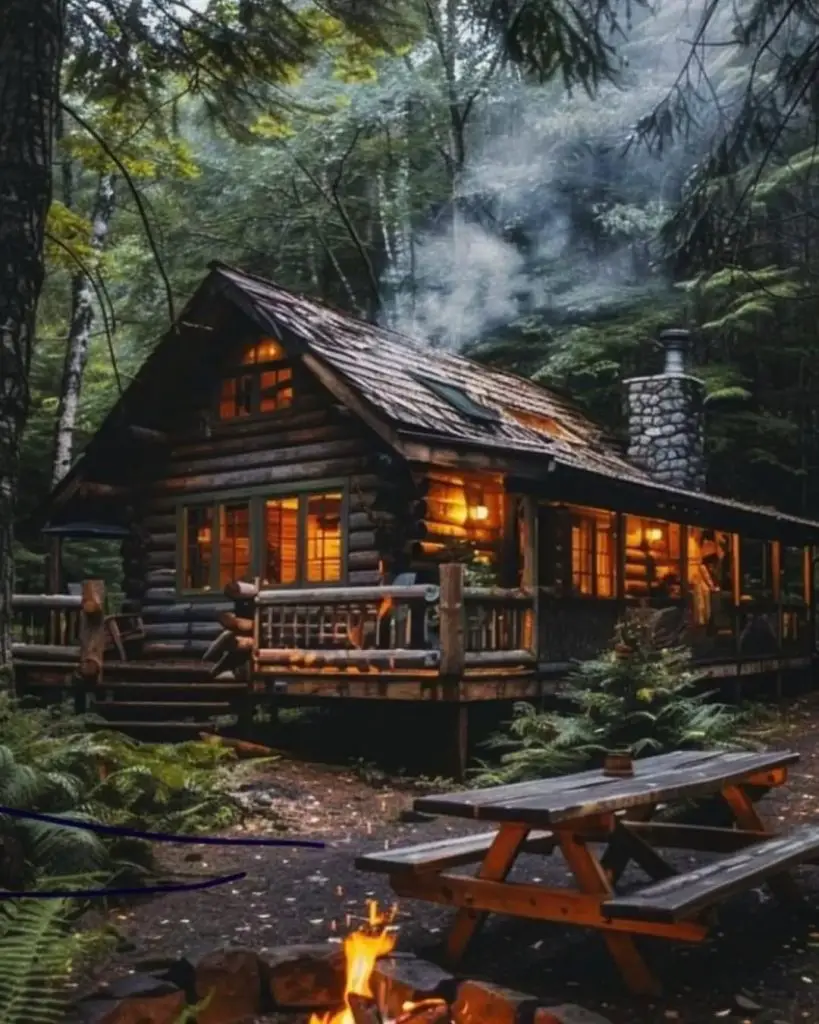 Illuminated log cabin with porch and campfire in misty forest