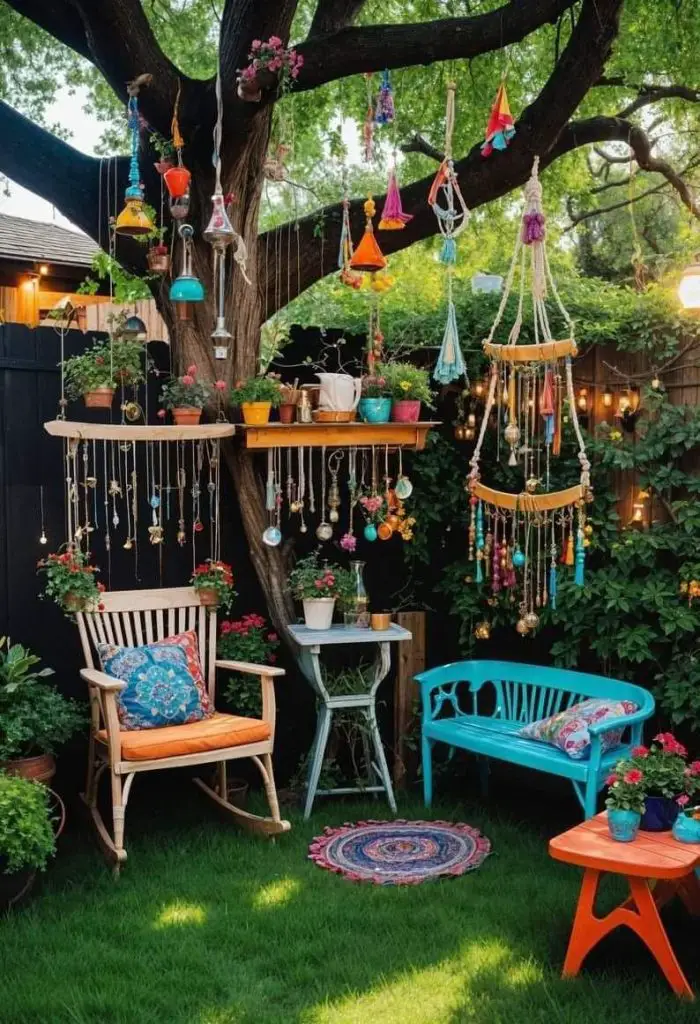 Colorful garden nook with hanging decorations, plants, and seating