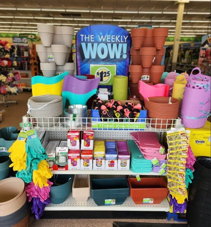 Colorful display of gardening supplies including flower pots, gloves, and seed packets in a store