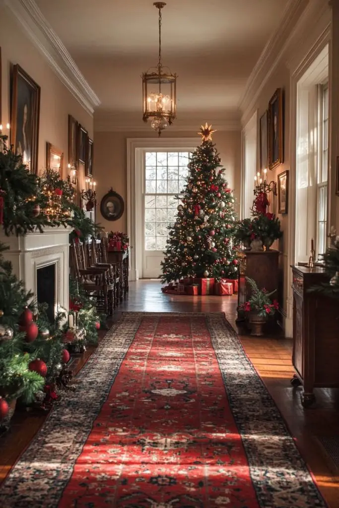 Grand Victorian hallway featuring decorated Christmas tree crystal lantern and red oriental runner