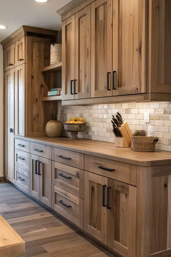 Rustic kitchen with natural wood cabinets, light tile backsplash, and decorative elements